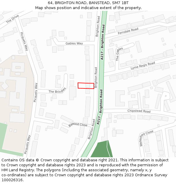 64, BRIGHTON ROAD, BANSTEAD, SM7 1BT: Location map and indicative extent of plot