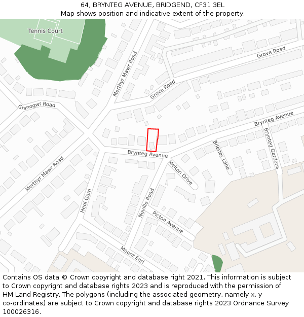 64, BRYNTEG AVENUE, BRIDGEND, CF31 3EL: Location map and indicative extent of plot