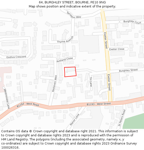 64, BURGHLEY STREET, BOURNE, PE10 9NG: Location map and indicative extent of plot