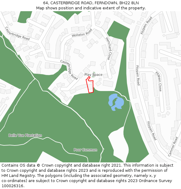 64, CASTERBRIDGE ROAD, FERNDOWN, BH22 8LN: Location map and indicative extent of plot