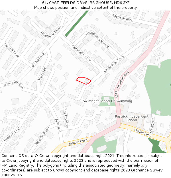 64, CASTLEFIELDS DRIVE, BRIGHOUSE, HD6 3XF: Location map and indicative extent of plot