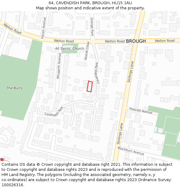 64, CAVENDISH PARK, BROUGH, HU15 1AU: Location map and indicative extent of plot