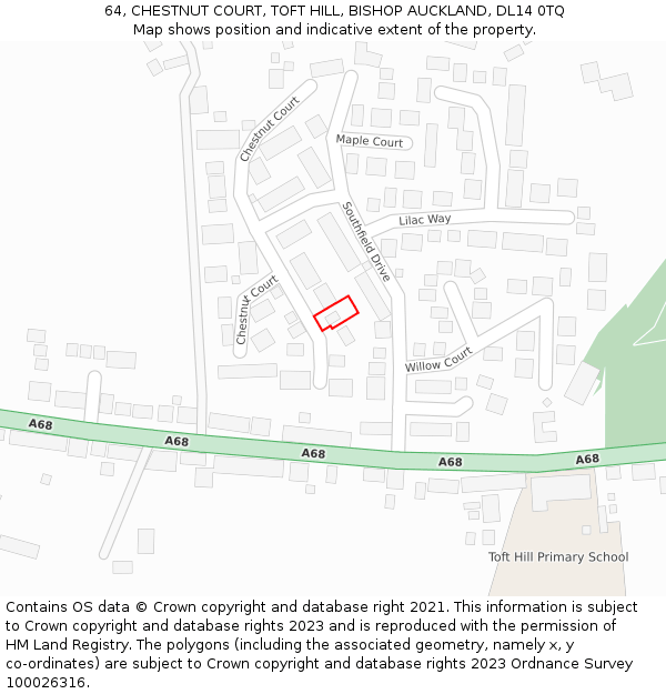 64, CHESTNUT COURT, TOFT HILL, BISHOP AUCKLAND, DL14 0TQ: Location map and indicative extent of plot