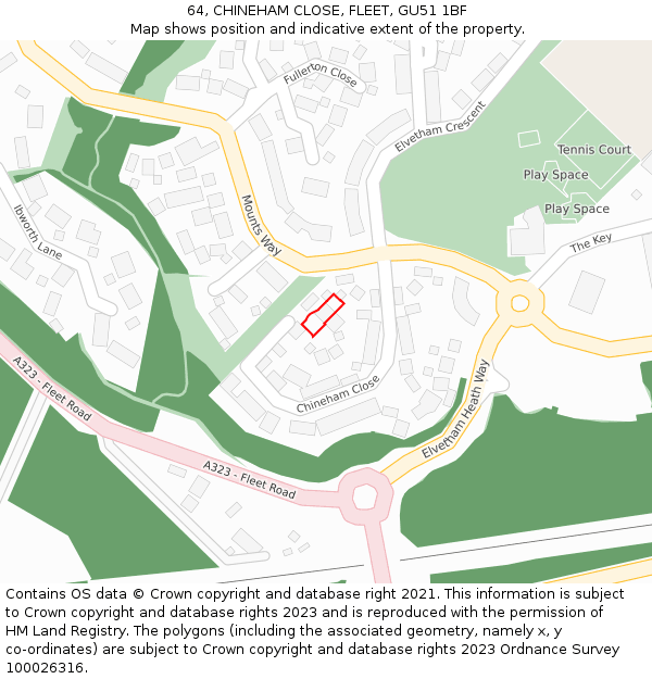 64, CHINEHAM CLOSE, FLEET, GU51 1BF: Location map and indicative extent of plot