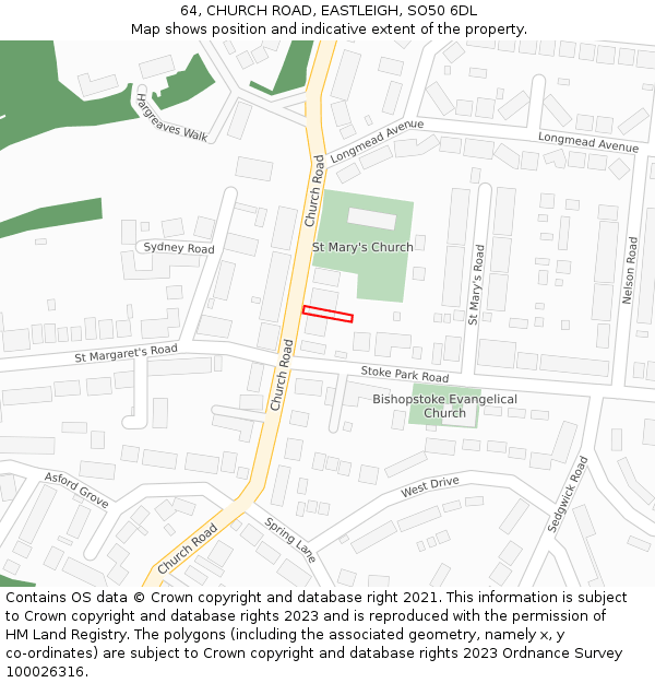 64, CHURCH ROAD, EASTLEIGH, SO50 6DL: Location map and indicative extent of plot