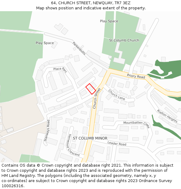 64, CHURCH STREET, NEWQUAY, TR7 3EZ: Location map and indicative extent of plot