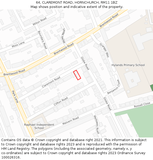 64, CLAREMONT ROAD, HORNCHURCH, RM11 1BZ: Location map and indicative extent of plot