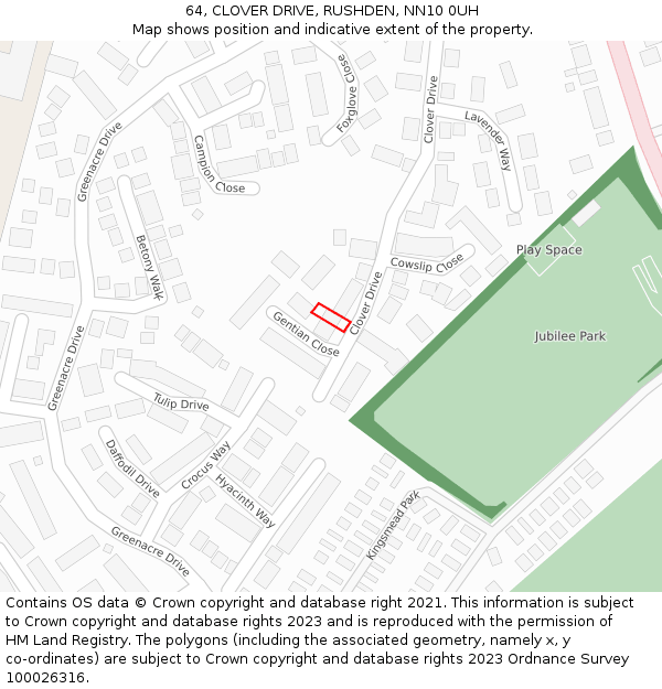 64, CLOVER DRIVE, RUSHDEN, NN10 0UH: Location map and indicative extent of plot