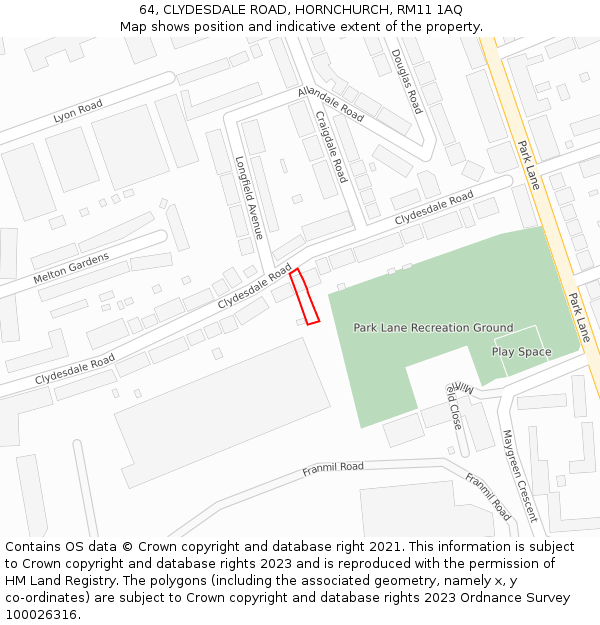 64, CLYDESDALE ROAD, HORNCHURCH, RM11 1AQ: Location map and indicative extent of plot