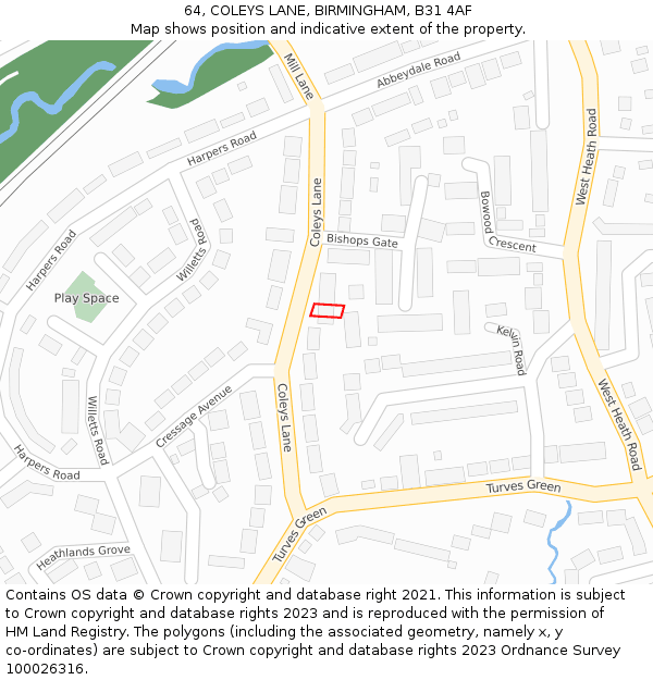 64, COLEYS LANE, BIRMINGHAM, B31 4AF: Location map and indicative extent of plot