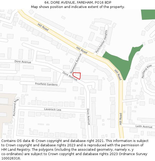 64, DORE AVENUE, FAREHAM, PO16 8DP: Location map and indicative extent of plot