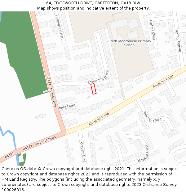 64, EDGEWORTH DRIVE, CARTERTON, OX18 3LW: Location map and indicative extent of plot