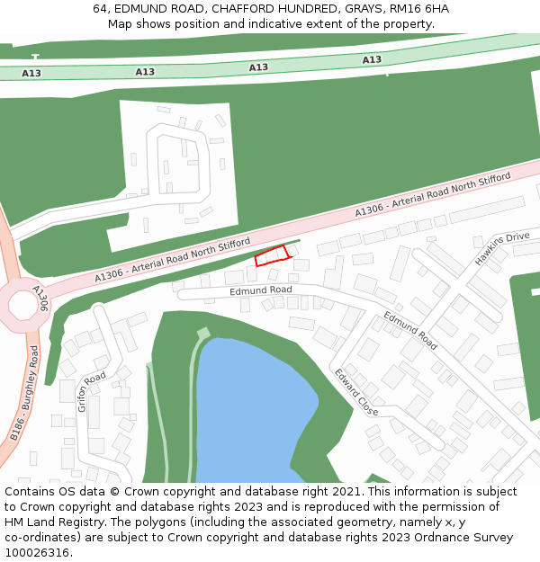 64, EDMUND ROAD, CHAFFORD HUNDRED, GRAYS, RM16 6HA: Location map and indicative extent of plot