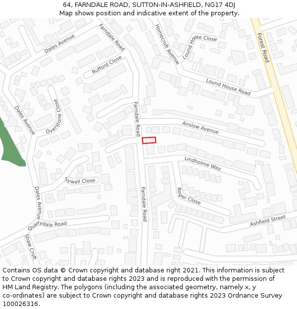 64, FARNDALE ROAD, SUTTON-IN-ASHFIELD, NG17 4DJ: Location map and indicative extent of plot