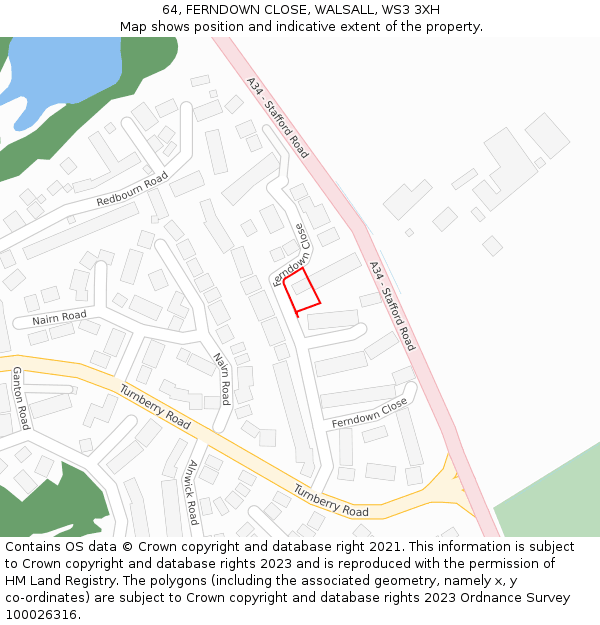 64, FERNDOWN CLOSE, WALSALL, WS3 3XH: Location map and indicative extent of plot