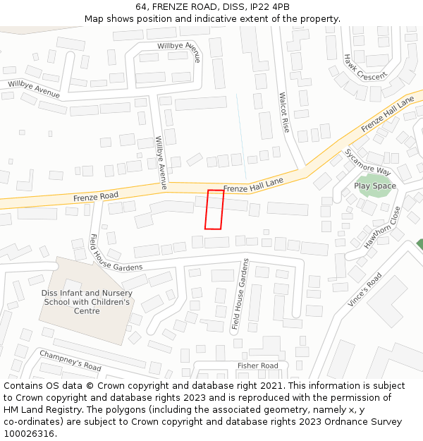 64, FRENZE ROAD, DISS, IP22 4PB: Location map and indicative extent of plot