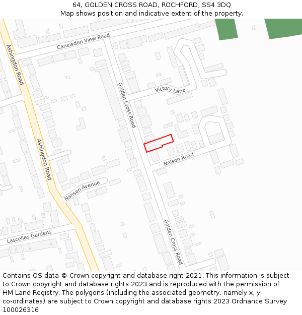 64, GOLDEN CROSS ROAD, ROCHFORD, SS4 3DQ: Location map and indicative extent of plot