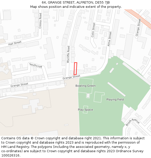 64, GRANGE STREET, ALFRETON, DE55 7JB: Location map and indicative extent of plot