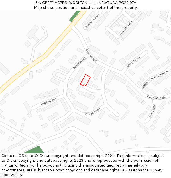 64, GREENACRES, WOOLTON HILL, NEWBURY, RG20 9TA: Location map and indicative extent of plot