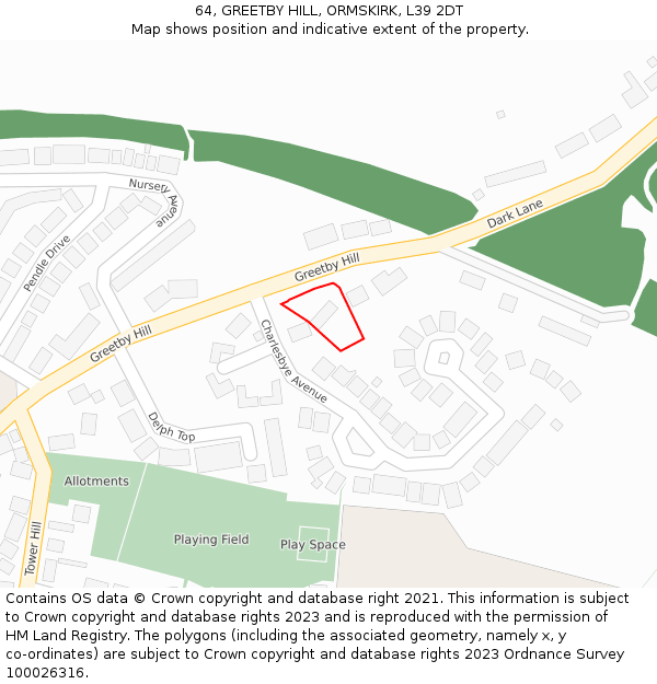 64, GREETBY HILL, ORMSKIRK, L39 2DT: Location map and indicative extent of plot