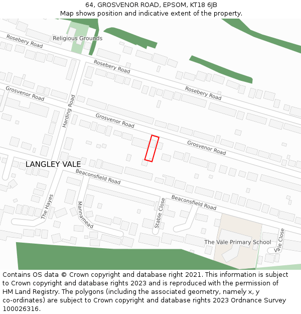 64, GROSVENOR ROAD, EPSOM, KT18 6JB: Location map and indicative extent of plot