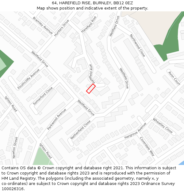 64, HAREFIELD RISE, BURNLEY, BB12 0EZ: Location map and indicative extent of plot