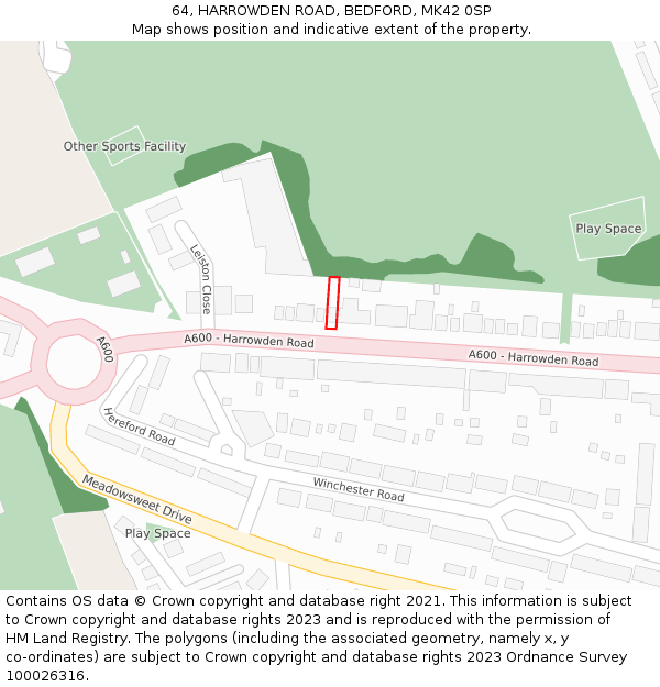 64, HARROWDEN ROAD, BEDFORD, MK42 0SP: Location map and indicative extent of plot