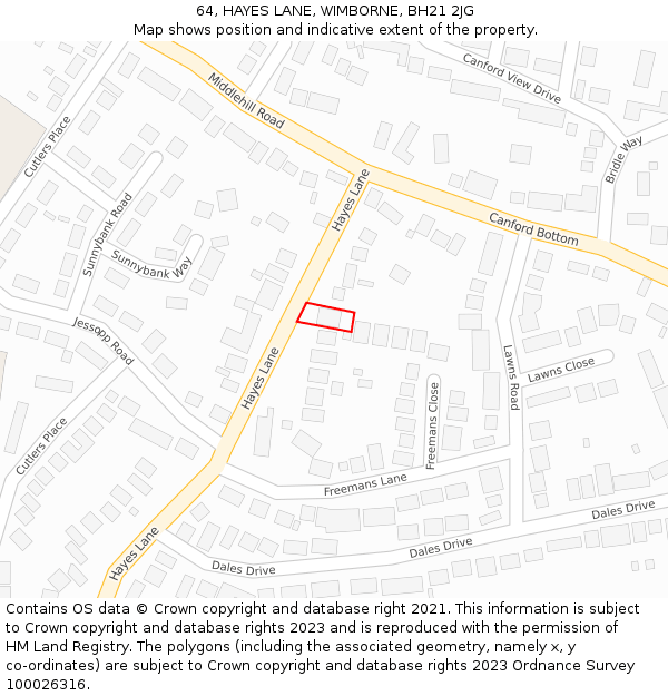 64, HAYES LANE, WIMBORNE, BH21 2JG: Location map and indicative extent of plot