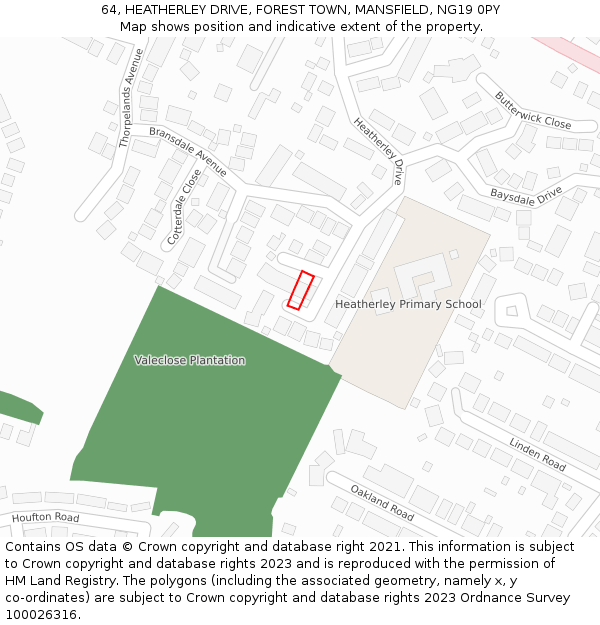 64, HEATHERLEY DRIVE, FOREST TOWN, MANSFIELD, NG19 0PY: Location map and indicative extent of plot