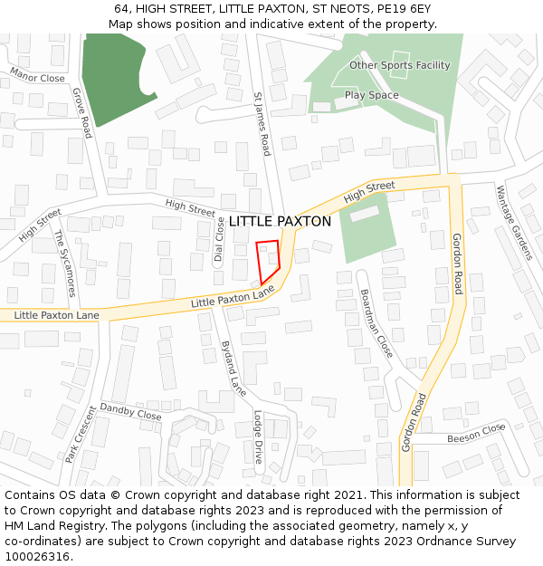 64, HIGH STREET, LITTLE PAXTON, ST NEOTS, PE19 6EY: Location map and indicative extent of plot