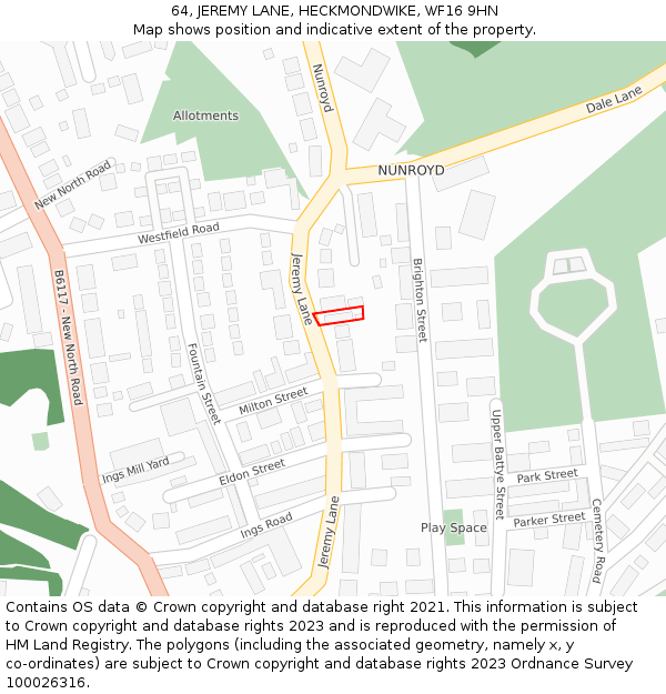 64, JEREMY LANE, HECKMONDWIKE, WF16 9HN: Location map and indicative extent of plot