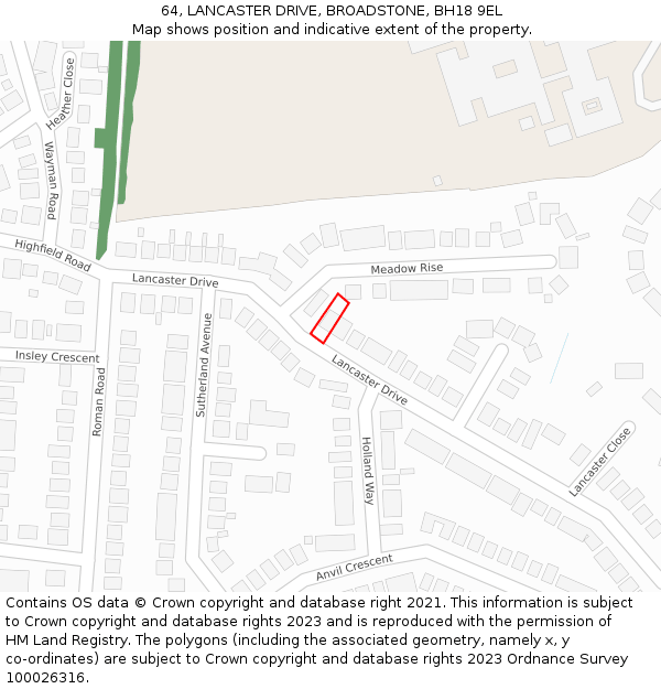 64, LANCASTER DRIVE, BROADSTONE, BH18 9EL: Location map and indicative extent of plot