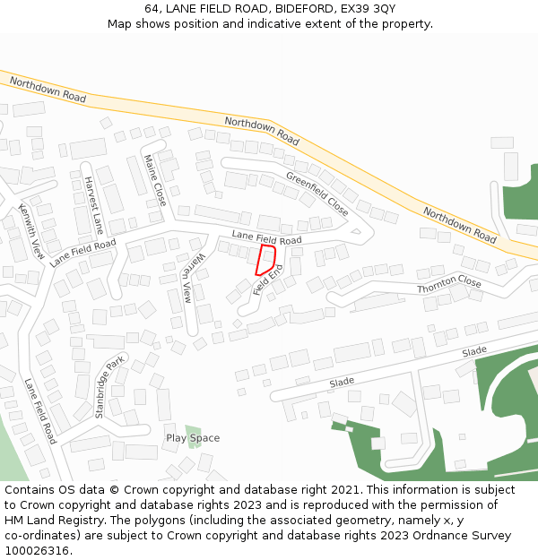 64, LANE FIELD ROAD, BIDEFORD, EX39 3QY: Location map and indicative extent of plot