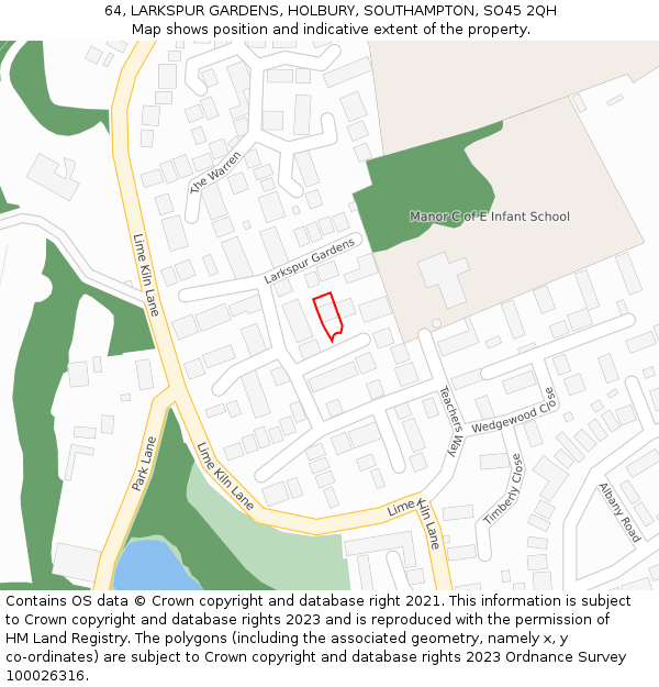 64, LARKSPUR GARDENS, HOLBURY, SOUTHAMPTON, SO45 2QH: Location map and indicative extent of plot