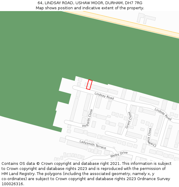 64, LINDSAY ROAD, USHAW MOOR, DURHAM, DH7 7RG: Location map and indicative extent of plot