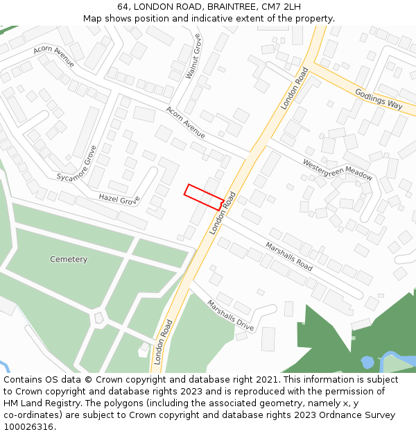 64, LONDON ROAD, BRAINTREE, CM7 2LH: Location map and indicative extent of plot