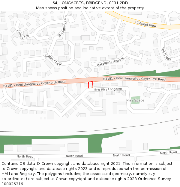 64, LONGACRES, BRIDGEND, CF31 2DD: Location map and indicative extent of plot