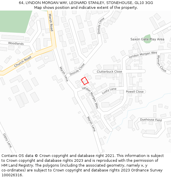 64, LYNDON MORGAN WAY, LEONARD STANLEY, STONEHOUSE, GL10 3GG: Location map and indicative extent of plot