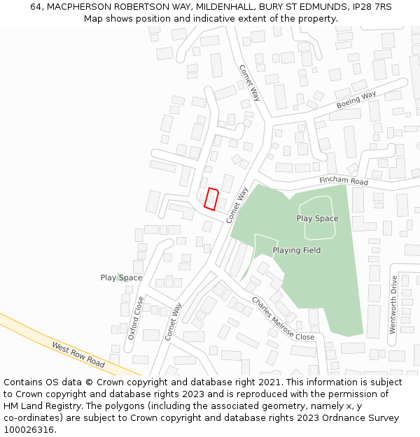 64, MACPHERSON ROBERTSON WAY, MILDENHALL, BURY ST EDMUNDS, IP28 7RS: Location map and indicative extent of plot