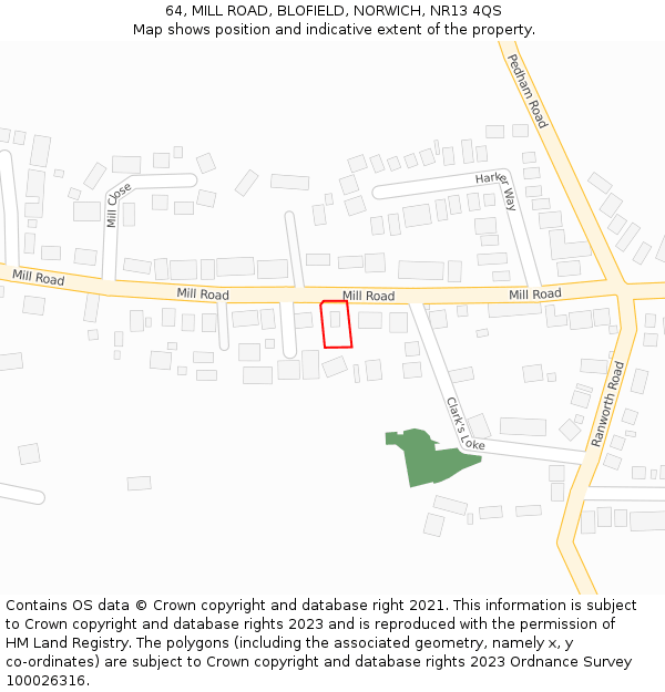 64, MILL ROAD, BLOFIELD, NORWICH, NR13 4QS: Location map and indicative extent of plot