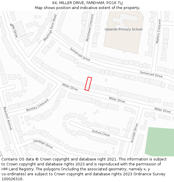 64, MILLER DRIVE, FAREHAM, PO16 7LJ: Location map and indicative extent of plot