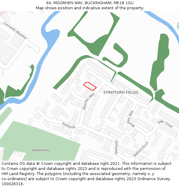 64, MOORHEN WAY, BUCKINGHAM, MK18 1GU: Location map and indicative extent of plot