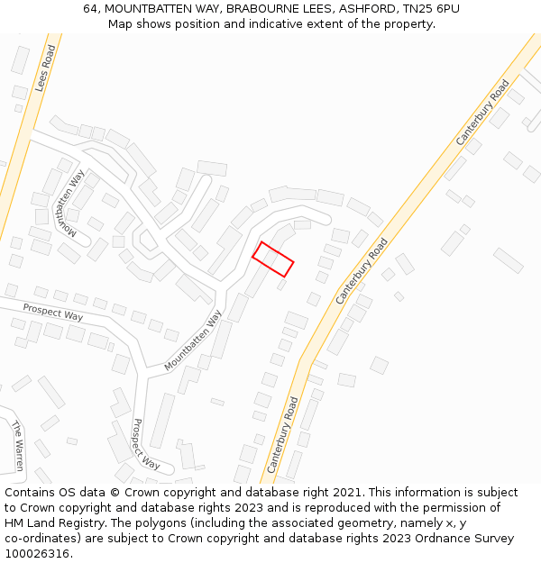 64, MOUNTBATTEN WAY, BRABOURNE LEES, ASHFORD, TN25 6PU: Location map and indicative extent of plot