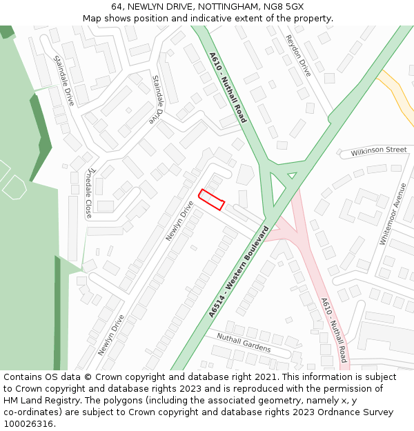 64, NEWLYN DRIVE, NOTTINGHAM, NG8 5GX: Location map and indicative extent of plot