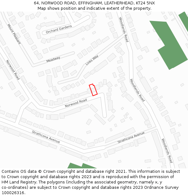 64, NORWOOD ROAD, EFFINGHAM, LEATHERHEAD, KT24 5NX: Location map and indicative extent of plot