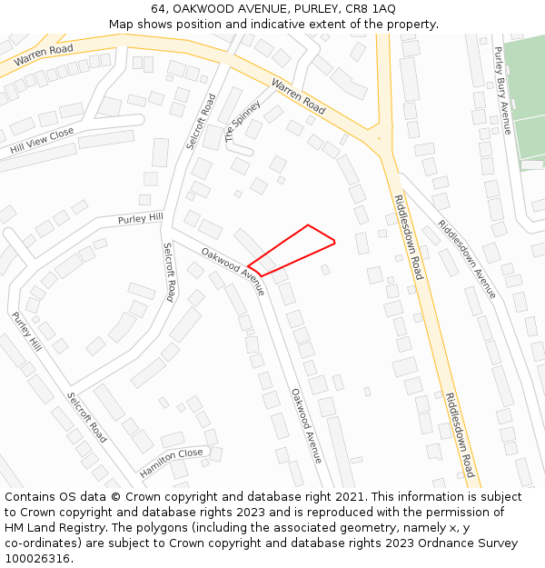 64, OAKWOOD AVENUE, PURLEY, CR8 1AQ: Location map and indicative extent of plot
