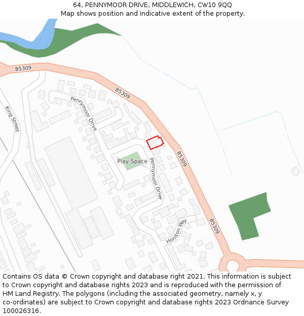 64, PENNYMOOR DRIVE, MIDDLEWICH, CW10 9QQ: Location map and indicative extent of plot