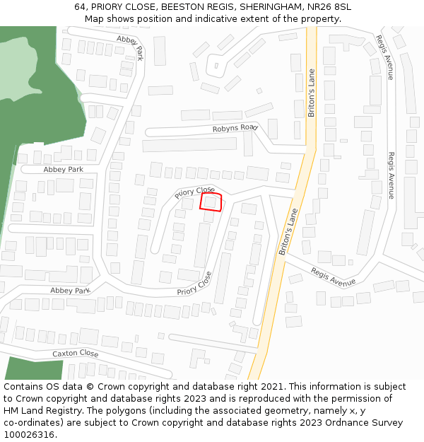 64, PRIORY CLOSE, BEESTON REGIS, SHERINGHAM, NR26 8SL: Location map and indicative extent of plot