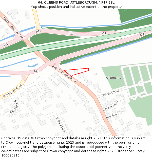 64, QUEENS ROAD, ATTLEBOROUGH, NR17 2BL: Location map and indicative extent of plot