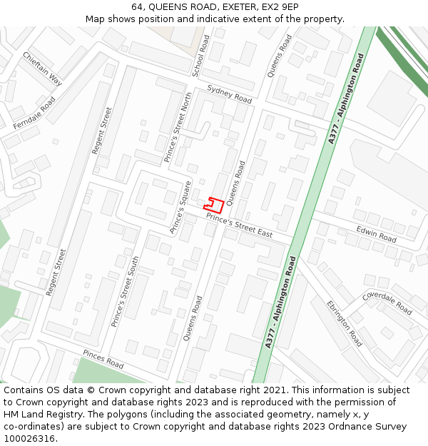 64, QUEENS ROAD, EXETER, EX2 9EP: Location map and indicative extent of plot